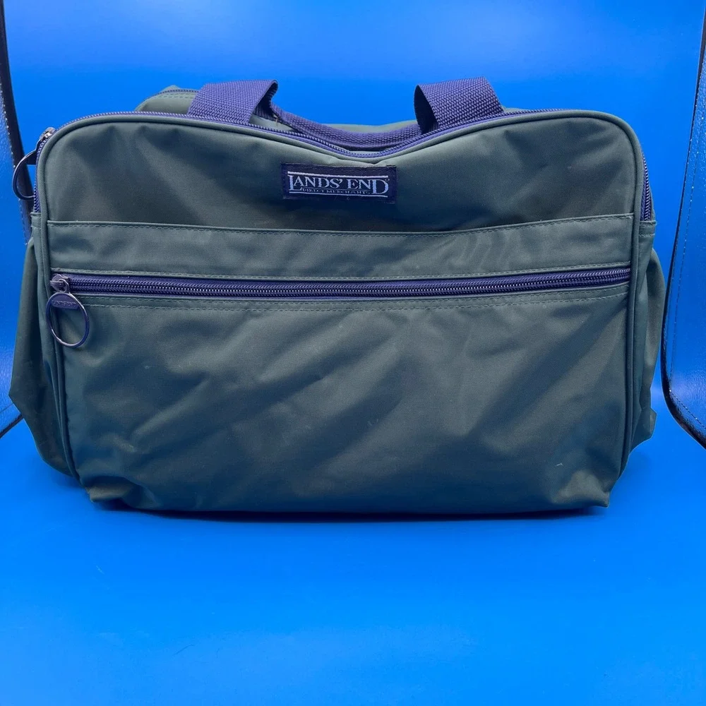 Lands End VTG Square Bag Green Navy Nylon Travel Carry On Shoulder Bag